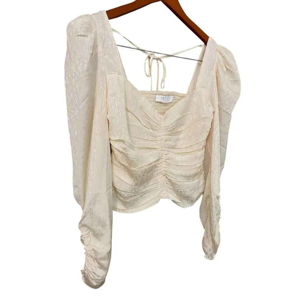 ASTR Ruched Cropped Blouse Small Cream Smocked Party Romantic Coquette Bridal